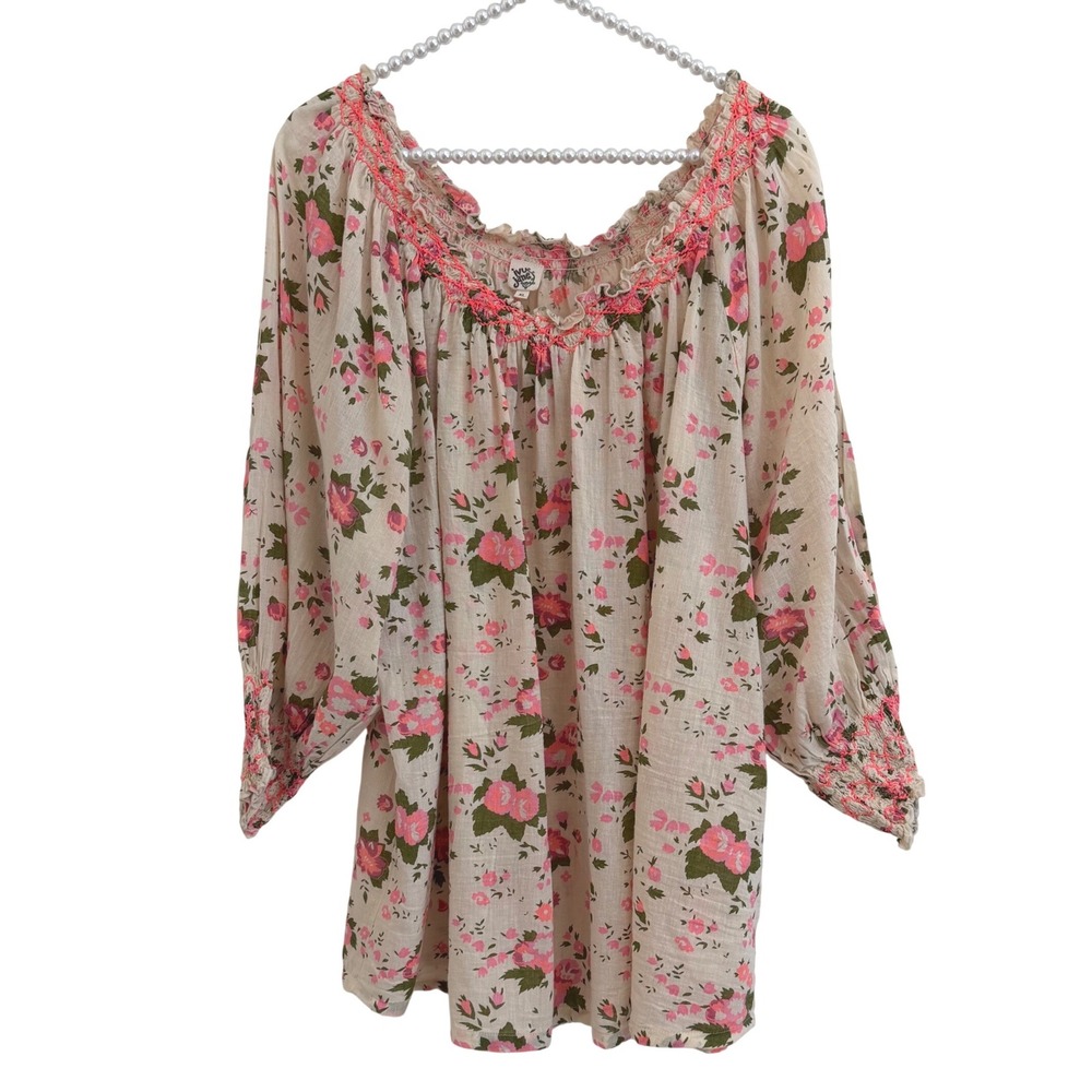 Ivy Jane XL Floral Boho Peasant Top 100% Cotton Gauze Smocked Ruffle Blouse